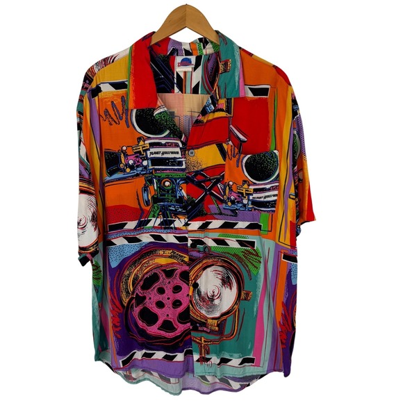 planet hollywood Other - Vintage 1991 Planet Hollywood Pop Art Movie Print Rayon Shirt XL USA Made